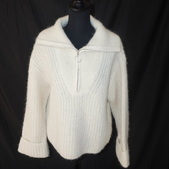 H&M Zip Chunky Alpaca Wool Creme Oversized Cable Knit Funnel Collar Sweater S - Picture 2 of 9